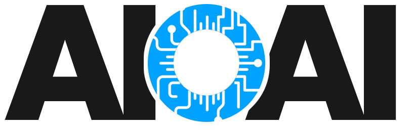 Logo AIoAI - czarne AI niebieskie "o" czarne AI, "o" z elementami cyfrowymi - ścieżki elektroniczne