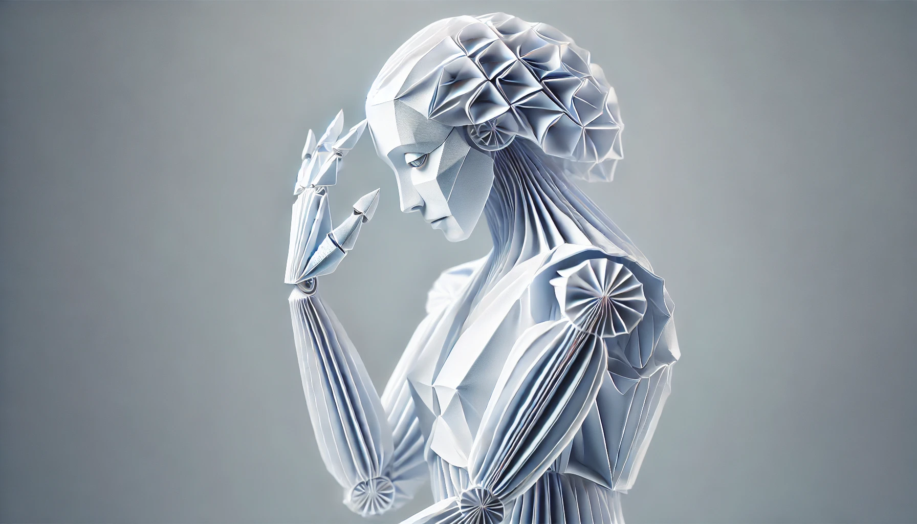 origami creation of a robot representing Artificial Intelligence. The robot is depicted in a graceful, elegant pose, with its body meticulously folded into delicate folds. The eyes are carefully crafted to give the robot a lifelike expression. The background is minimalistic, allowing the origami robot to take center stage, showcasing the skill and artistry of the creator