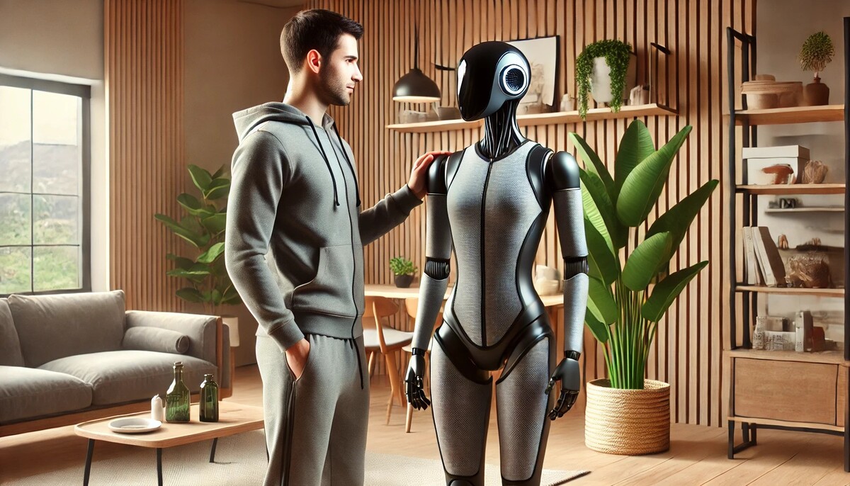 NEO Beta humanoidalny robot domowy w sportowym, dresowym ubraniu, stojący obok człowieka w nowoczesnym, przytulnym salonie. Robot i człowiek wchodzą w przyjazną interakcję, na tle minimalistycznego wnętrza z drewnianymi panelami na ścianach oraz rośliną doniczkową.