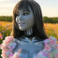 video wygenerowane przez Wan 2.1 w replicate.com kobieta cyborg na polanie pełnej kwiatów