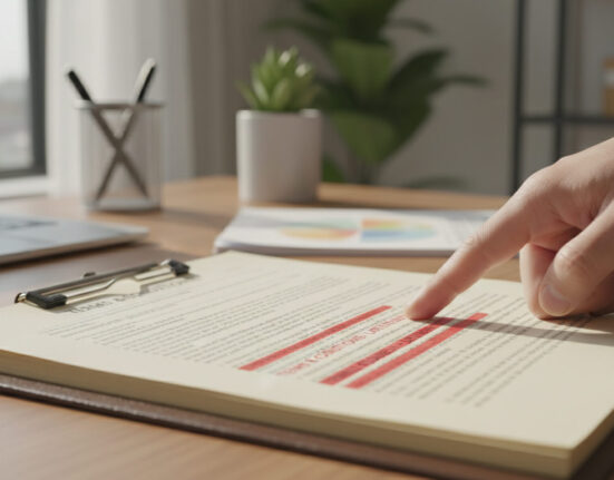 dokument na biurku, palec wskazuje zakreślone na czerwono halucynacje ai