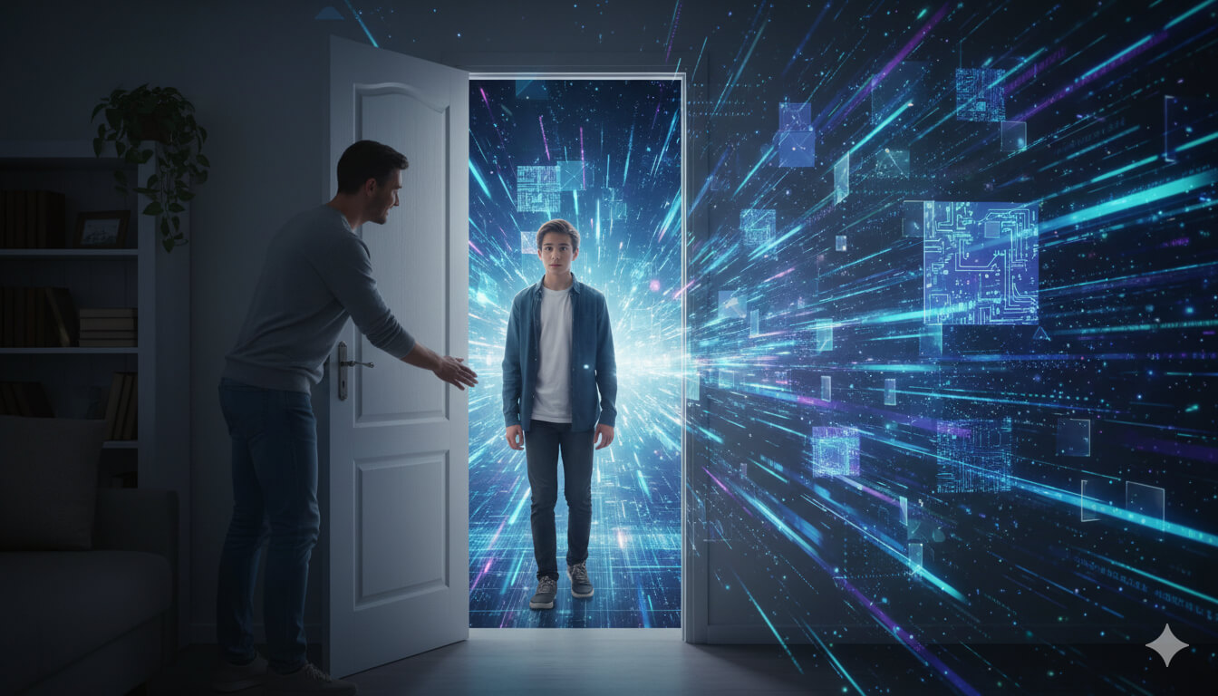 rodzic i nastolatek stoją po przeciwnej stronie drzwi pomiędzy