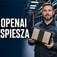 Inżynier w centrum danych trzyma nieoznaczony akcelerator symbolizujący chip Jalapeño OpenAI